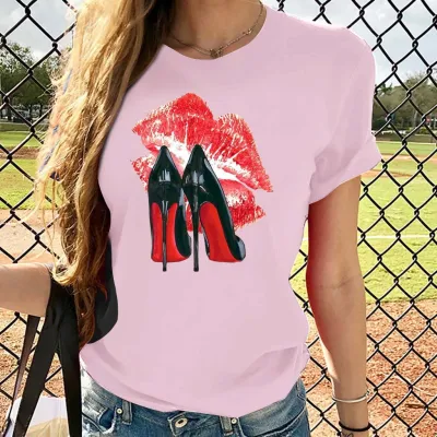Women's Lip Print Street Hipster T-Shirt Short Sleeve Crewneck Pullover