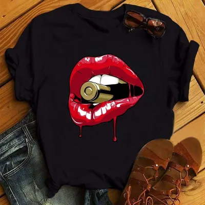 Women Sexy Lips Retro Street Hipster Short Sleeve T-Shirt
