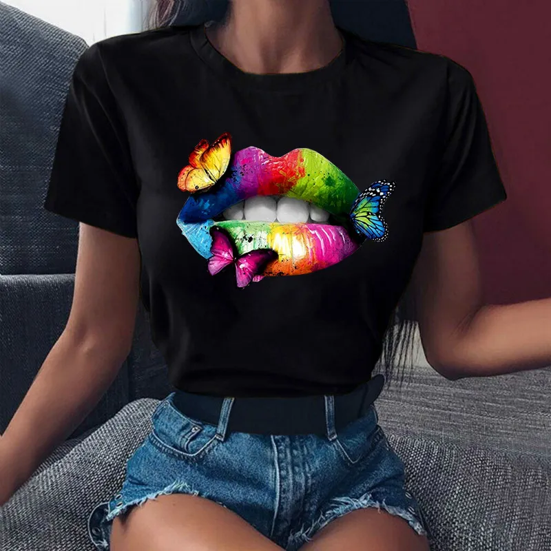 Women Sexy Lips Retro Street Hipster Short Sleeve T-Shirt