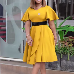 Belted Summer Women Bell Sleeve Solid Color Plus Size African Midi Dress