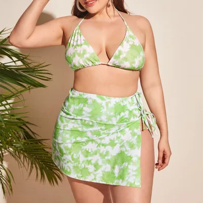 Women Plus Size Summer Vacation Three-Piece Bikini Tie Dye Print Skirt Split Swimsuit