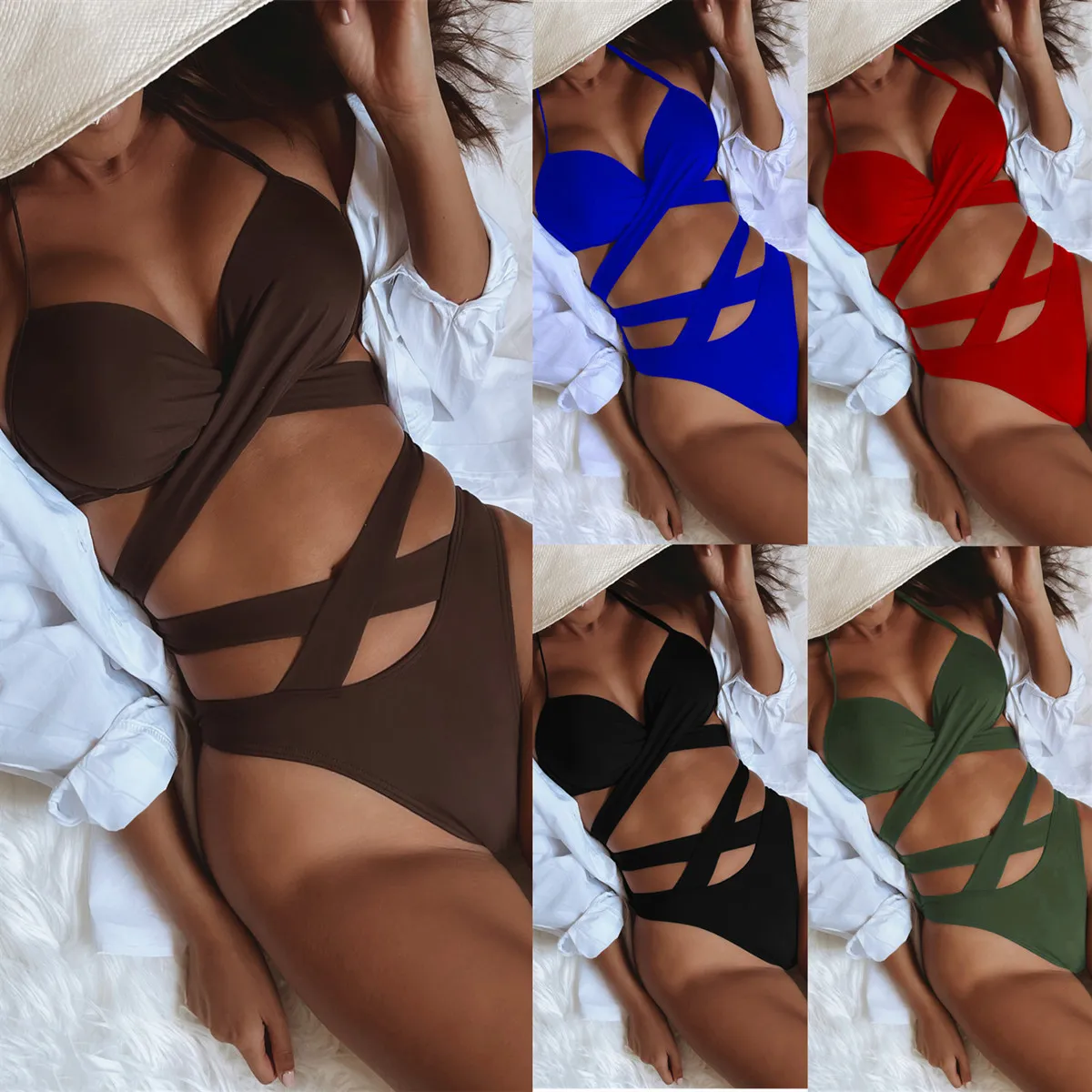Solid Color Sexy Women High Waist Strap Bandage Bikini Swimsuit