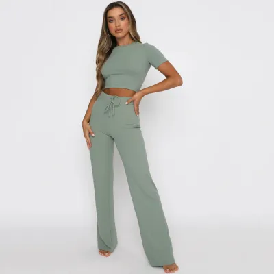 Women's High Elastic Body Shaping Crop Top Wide-Leg Pants Set - Street Hipster Casual Solid Color