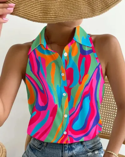 Summer Casual Fashion Strapless Abstract Print Women Shirt Blouse