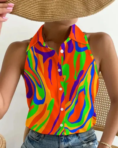 Summer Casual Fashion Strapless Abstract Print Women Shirt Blouse