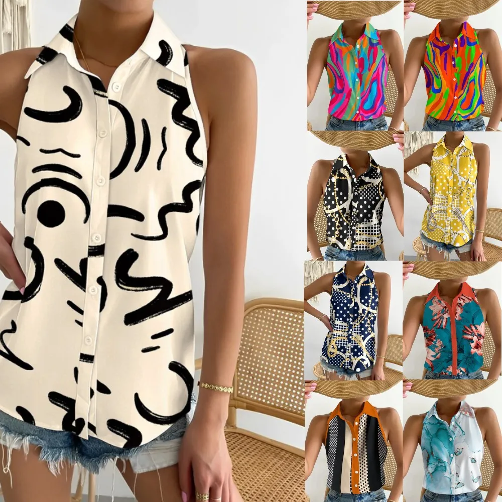 Summer Casual Fashion Strapless Abstract Print Women Shirt Blouse