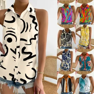 Summer Casual Fashion Strapless Abstract Print Women Shirt Blouse