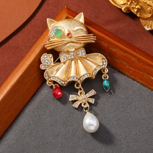 Creative Matte Gold Cartoon Big Pearl Tail Cat Brooch Vintage Animal Brooch