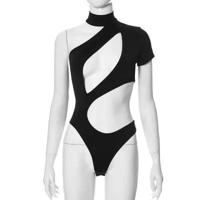 Women Summer Solid Color Sexy Single-Sleeve Hollow-Out Slim-Fit Halter Bodysuit