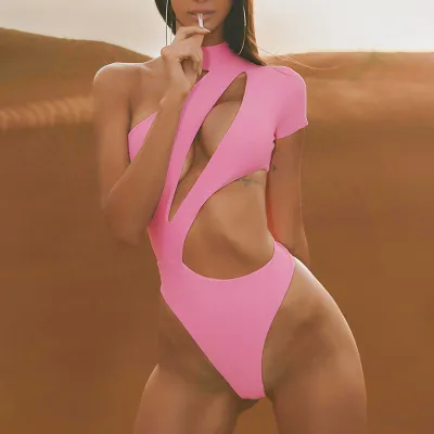Women Summer Solid Color Sexy Single-Sleeve Hollow-Out Slim-Fit Halter Bodysuit
