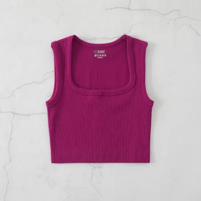 Square Collar Rib-Knit Yoga Sports Women Solid Color Crop Tank Top