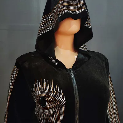 Women Fashion Vintage Plus Size Devil's Eye Rhinestone Hooded Midi Dress