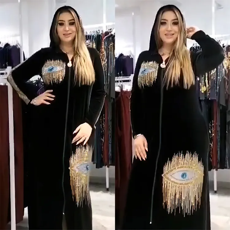Women Fashion Vintage Plus Size Devil's Eye Rhinestone Hooded Midi Dress