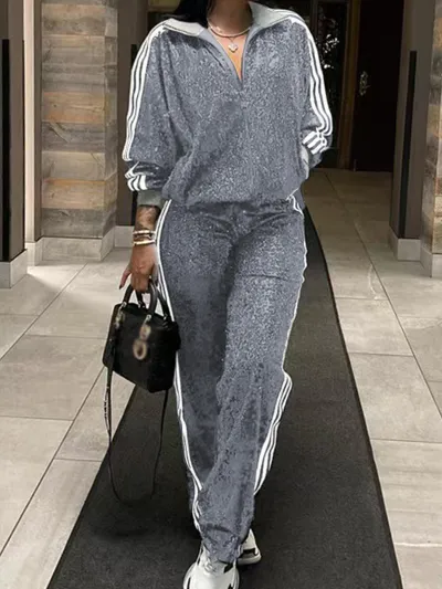 Women Plus Size Sequin Zipper Long Sleeve Top Pants Two-Piece Set
