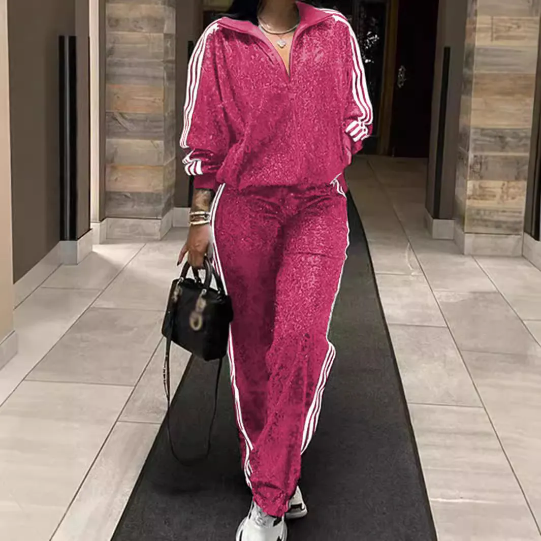 Women Plus Size Sequin Zipper Long Sleeve Top Pants Two-Piece Set