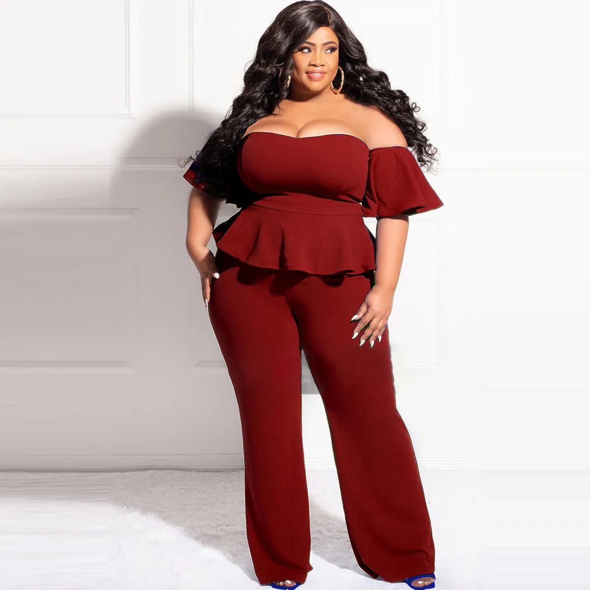 Women Plus Size Boat Neck Wooden-Ear Short-Sleeve Jumpsuits Japanese Korean Leisure Style