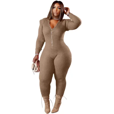 Women Plus Size Long Sleeve Zipper Hooded Knit Jumpsuit