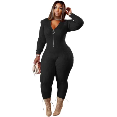 Women Plus Size Long Sleeve Zipper Hooded Knit Jumpsuit