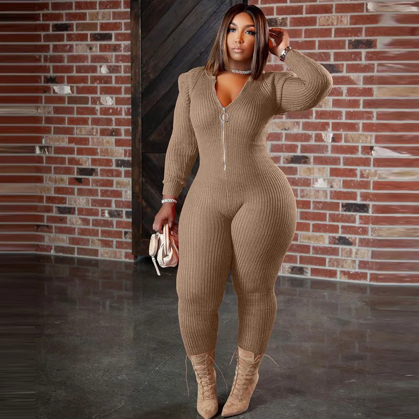 Women Plus Size Long Sleeve Zipper Hooded Knit Jumpsuit
