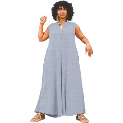 Women Fashion Casual Plus Size Solid Color Sleeveless Loose Jumpsuits