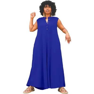 Women Fashion Casual Plus Size Solid Color Sleeveless Loose Jumpsuits