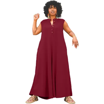 Women Fashion Casual Plus Size Solid Color Sleeveless Loose Jumpsuits