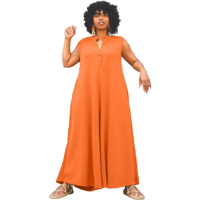 Women Fashion Casual Plus Size Solid Color Sleeveless Loose Jumpsuits