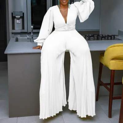 Women Plus Size Deep V Neck Bead Mesh Long Sleeve Loose Wide Leg Jumpsuit
