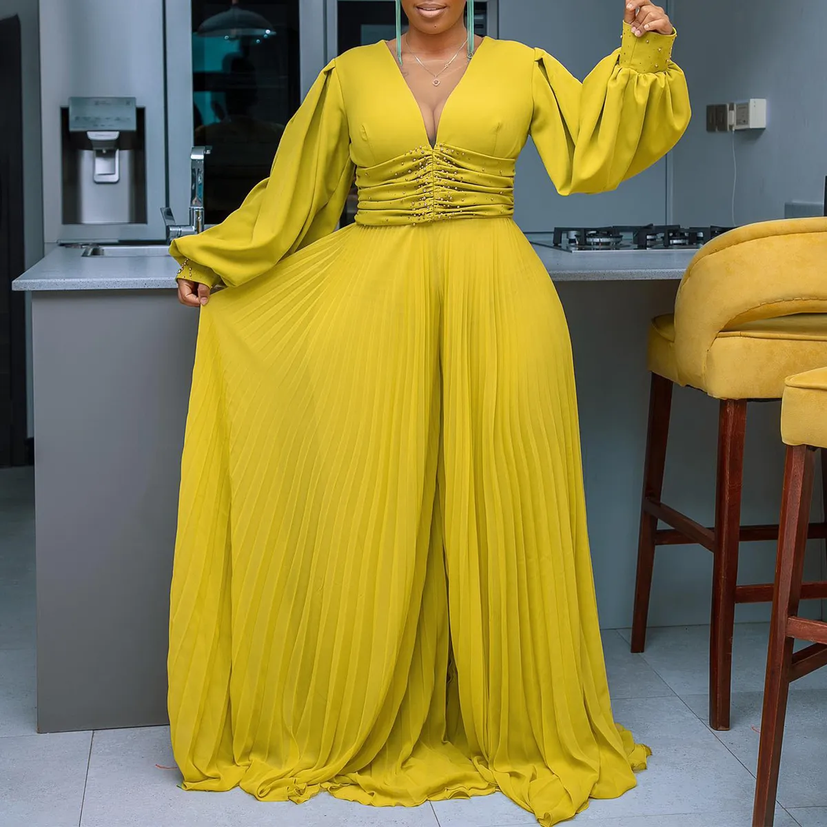 Women Plus Size Deep V Neck Bead Mesh Long Sleeve Loose Wide Leg Jumpsuit