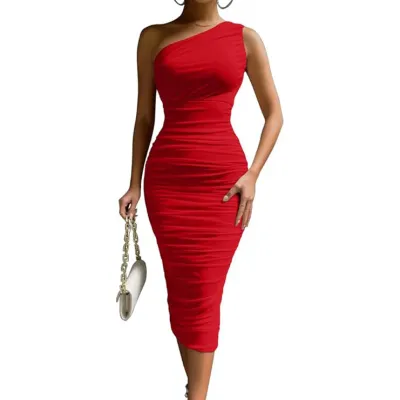 Summer Women Fashion Sexy Oblique Shoulder Creased Tight Dress