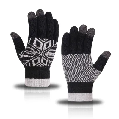 Winter Men Fashion Warm Fleece-Lined Thick Knitted Snowflake Gloves