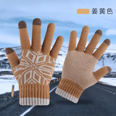 Winter Men Fashion Warm Fleece-Lined Thick Knitted Snowflake Gloves