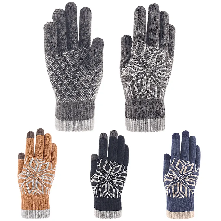 Winter Men Fashion Warm Fleece-Lined Thick Knitted Snowflake Gloves