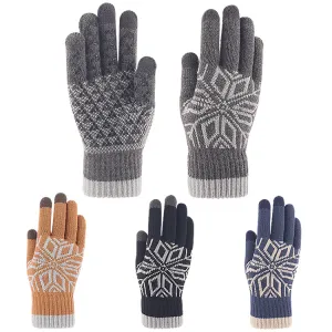 Winter Men Fashion Warm Fleece-Lined Thick Knitted Snowflake Gloves
