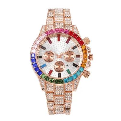 Men's Fashion Fake Three Eyes Diamond Steel Band Quartz Watch