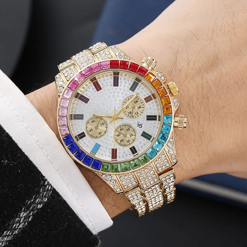 Men's Fashion Fake Three Eyes Diamond Steel Band Quartz Watch