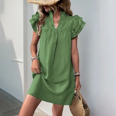 Summer Women Fashion Solid Color Stand Collar Lotus Leaf Sleeve Dress