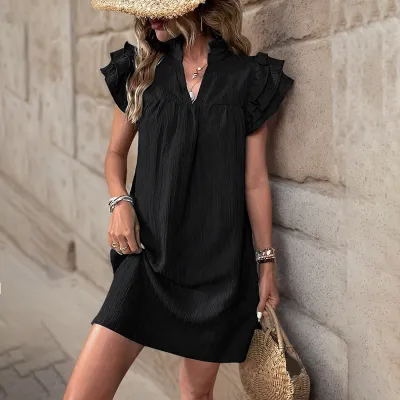 Summer Women Fashion Solid Color Stand Collar Lotus Leaf Sleeve Dress