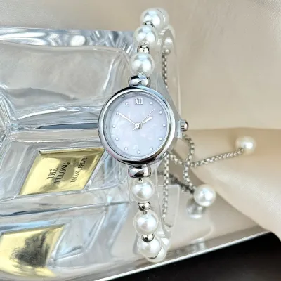 Women Fashion Round Dial Pearl Pull Bracelet Watch