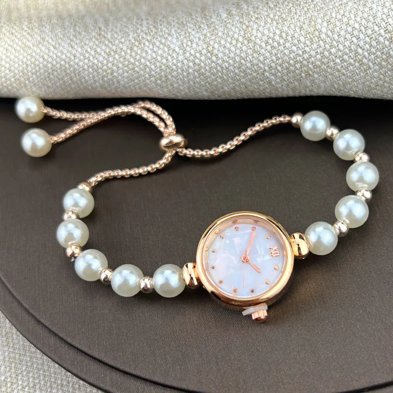 Women Fashion Round Dial Pearl Pull Bracelet Watch