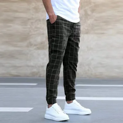 Men Fashion Casual Plaid Print Jogger Pants