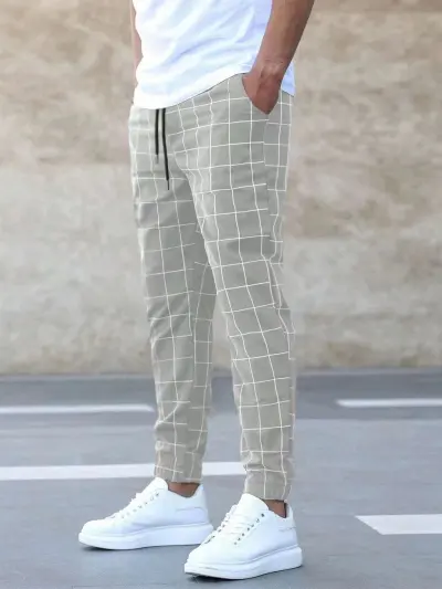 Men Fashion Casual Plaid Print Jogger Pants