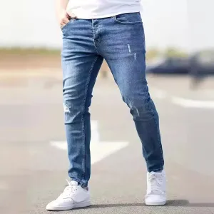 Men Fashion Casual Basic Ripped Denim Jeans Long Mid-Waist Slight Elasticity Tight Body