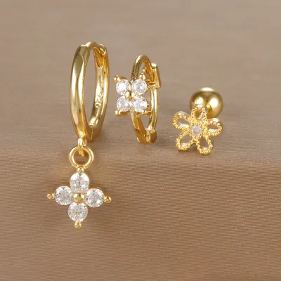 Women Fashion Geometric Zircon Flower Earrings 3Pcs-Set