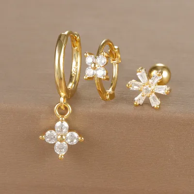 Women Fashion Geometric Zircon Flower Earrings 3Pcs-Set