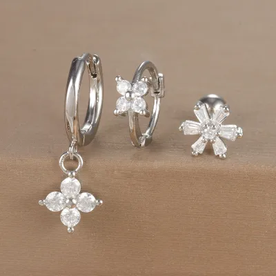 Women Fashion Geometric Zircon Flower Earrings 3Pcs-Set
