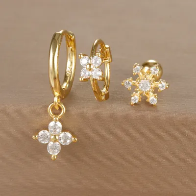 Women Fashion Geometric Zircon Flower Earrings 3Pcs-Set