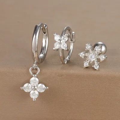 Women Fashion Geometric Zircon Flower Earrings 3Pcs-Set
