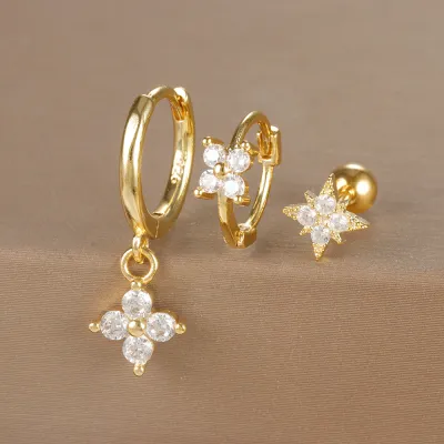 Women Fashion Geometric Zircon Flower Earrings 3Pcs-Set