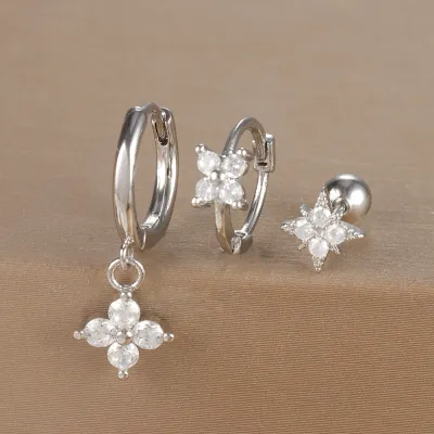 Women Fashion Geometric Zircon Flower Earrings 3Pcs-Set